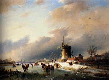 Figures patinant sur un paysage de la rivière gelée Jan Jacob Coenraad Spohler Peinture à l'huile